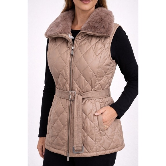 Calvin Klein Women's Puffer Vest Size S Quilted Faux Fur Belted Coat Taupe zip